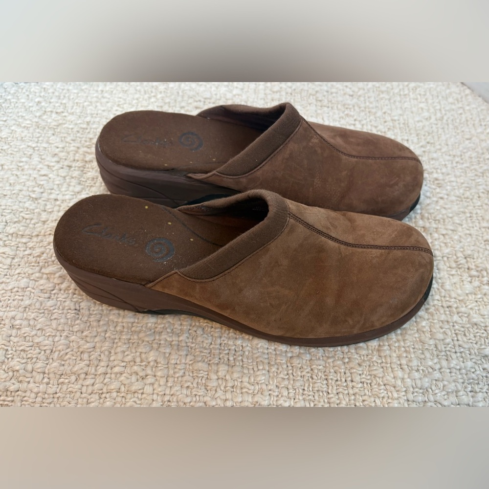 Clarks Brown Leather Cushioned Insole Slide-On Clogs, Size 7